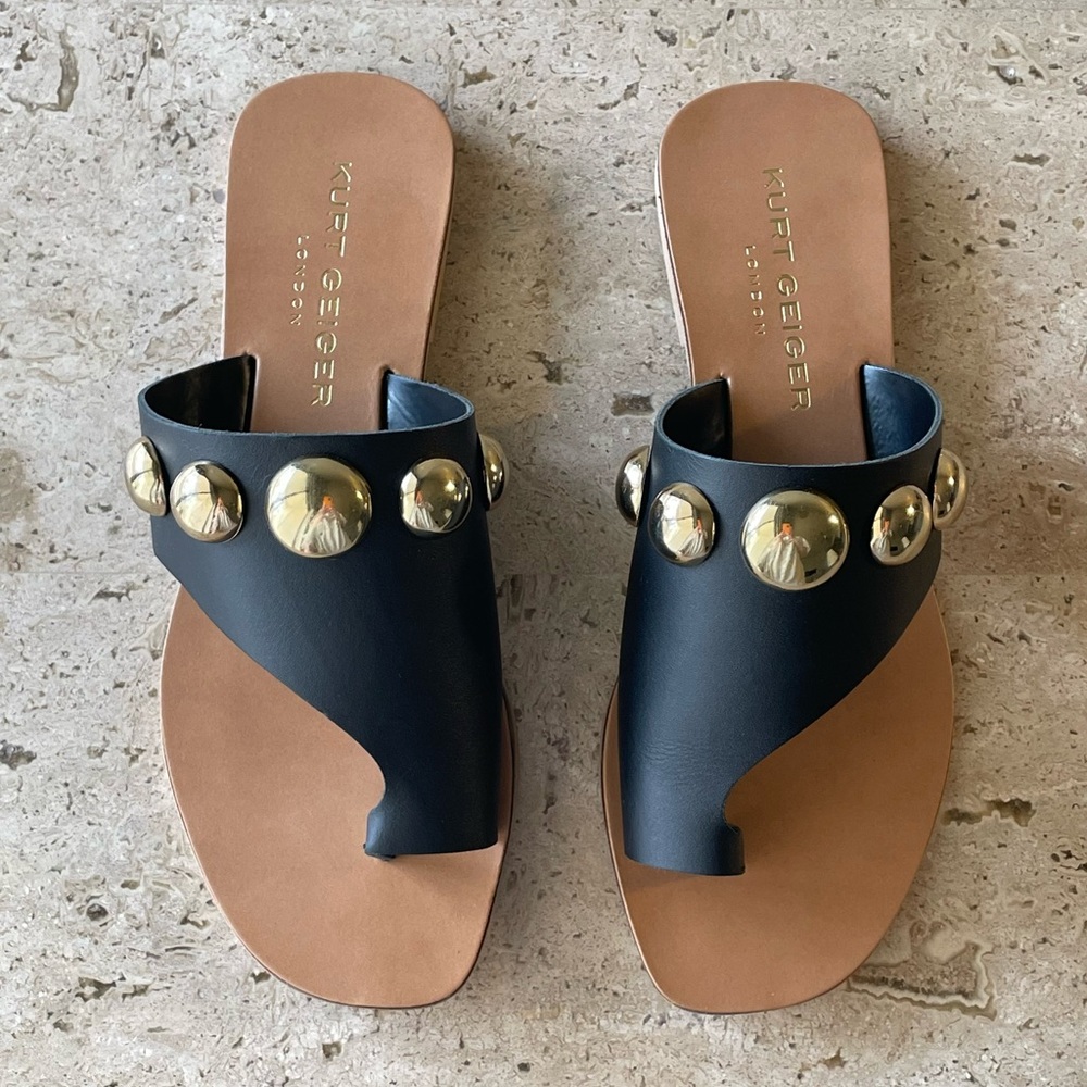 KURT GEIGER Black Leather Gold Ball Studded Toe Ring Sandals - EU 38 / 7.5-8 NIB - Picture 3 of 14